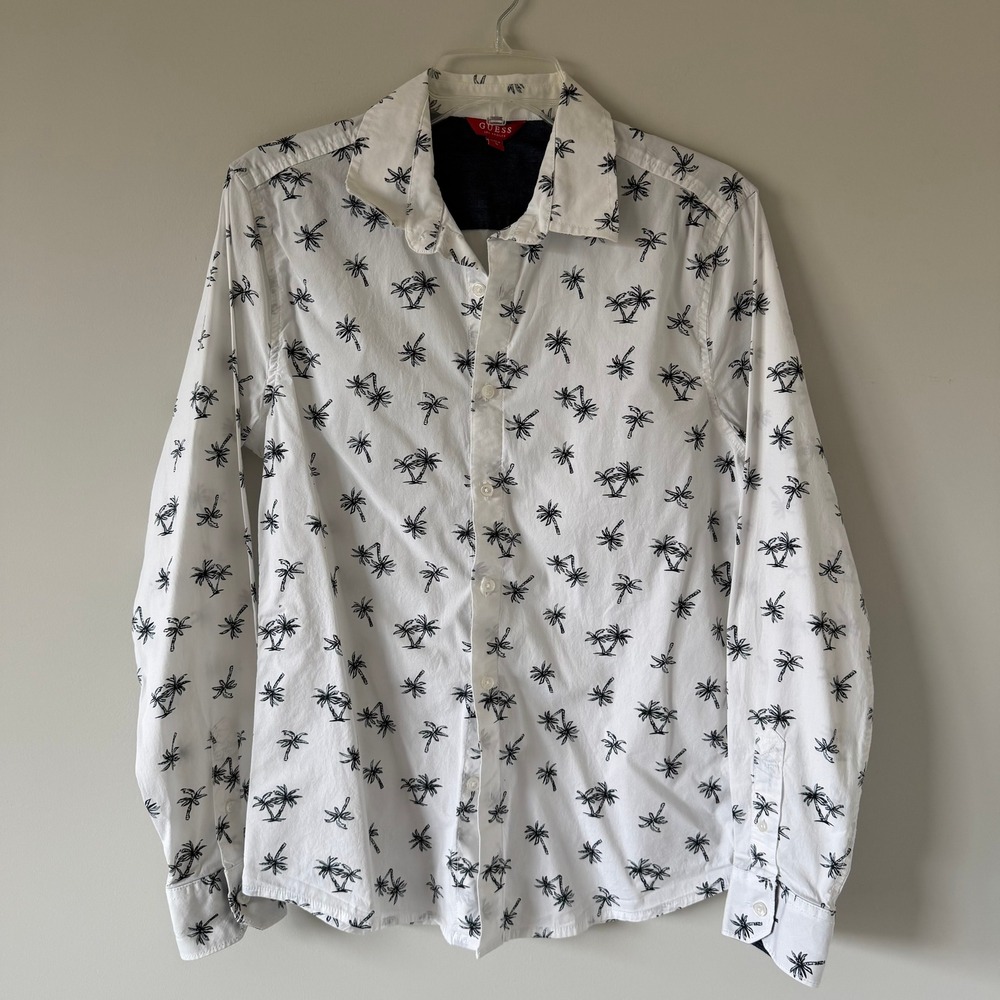 Guess Los Angeles Womens White Navy‎ Palm Tree Print Button Down Shirt Small
